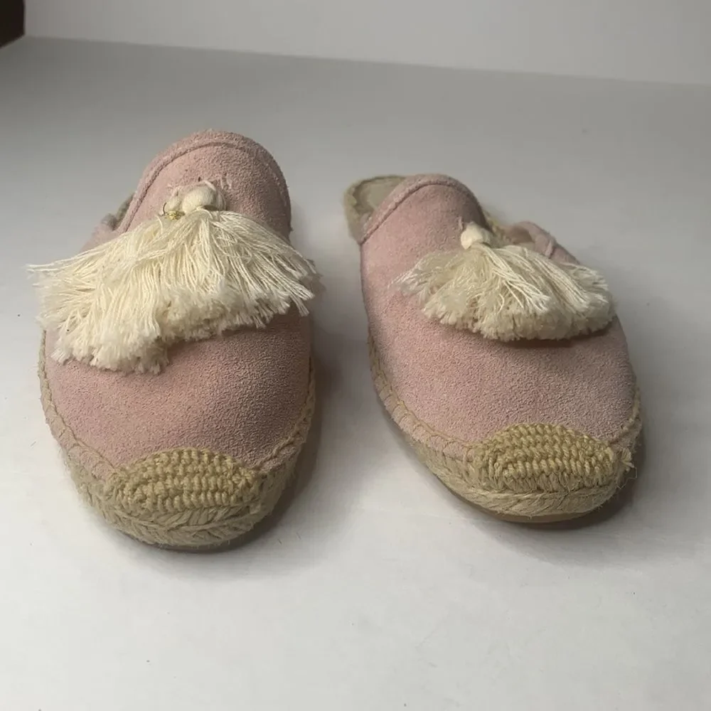 Soludos peony/pink suede tasseled espadrille mules